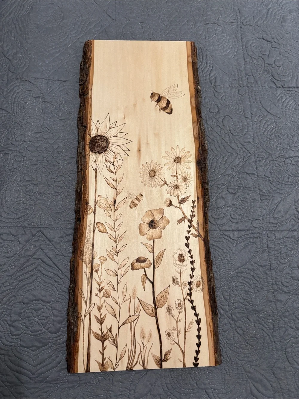 Handcrafted Floral Bee Wood Wall Art - Natural